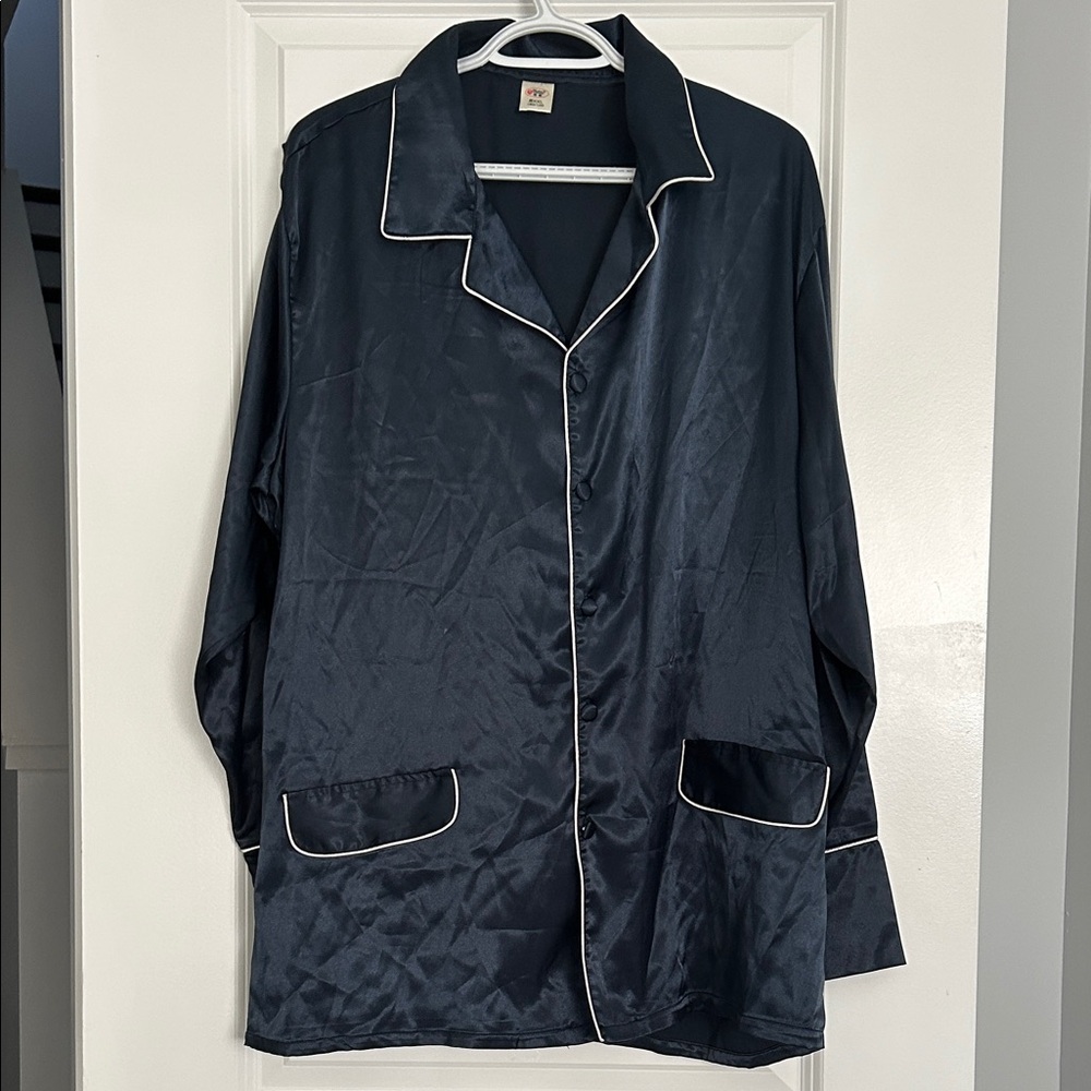 Men’s Navy Satin Pajama set with White Trim